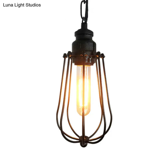 Vintage Black/Rust Pendant Ceiling Lamp With Caged Metal Shade - 1 Light Bedroom Fixture