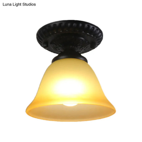 Vintage Black Semi Flush Ceiling Light With Bell Shade Opal/Amber Glass - Ideal For Living Room