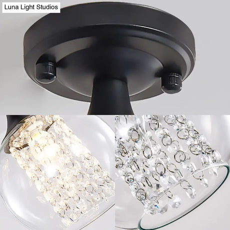 Vintage Black Semi Flush Mount Ceiling Light With Cylinder/Globe Glass Shade And Crystal Strands