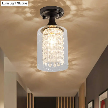Vintage Black Semi Flush Mount Ceiling Light With Cylinder/Globe Glass Shade And Crystal Strands
