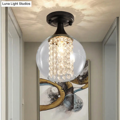 Vintage Black Semi Flush Mount Ceiling Light With Cylinder/Globe Glass Shade And Crystal Strands