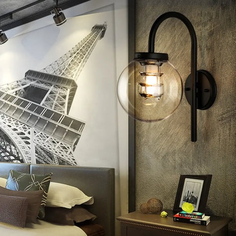 Vintage Black/Stainless-Steel Clear Glass Wall Lamp With Gooseneck For Bedroom - 1-Light Globe
