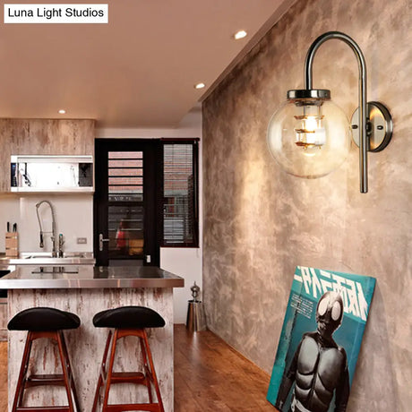 Vintage Black/Stainless-Steel Clear Glass Wall Lamp With Gooseneck For Bedroom - 1-Light Globe