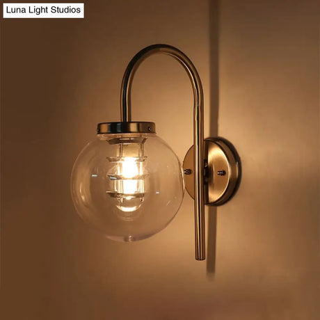 Vintage Black/Stainless-Steel Clear Glass Wall Lamp With Gooseneck For Bedroom - 1-Light Globe