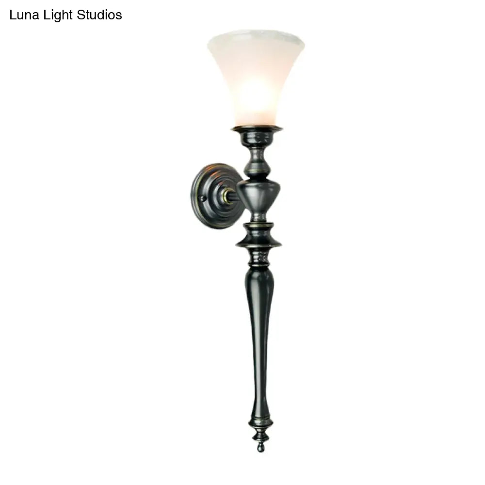 Vintage Black Wall Mount Sconce Light Fixture With Tapered Milky Glass Bulb