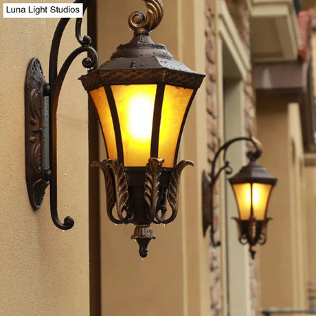 Vintage Black Wall Sconce Light With Amber Glass - Flared Design For Villa And Garden