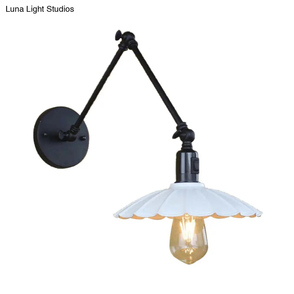 Vintage Black/White Scalloped Wall Sconce With Swing Arm - Stylish Metal Design For Living Room