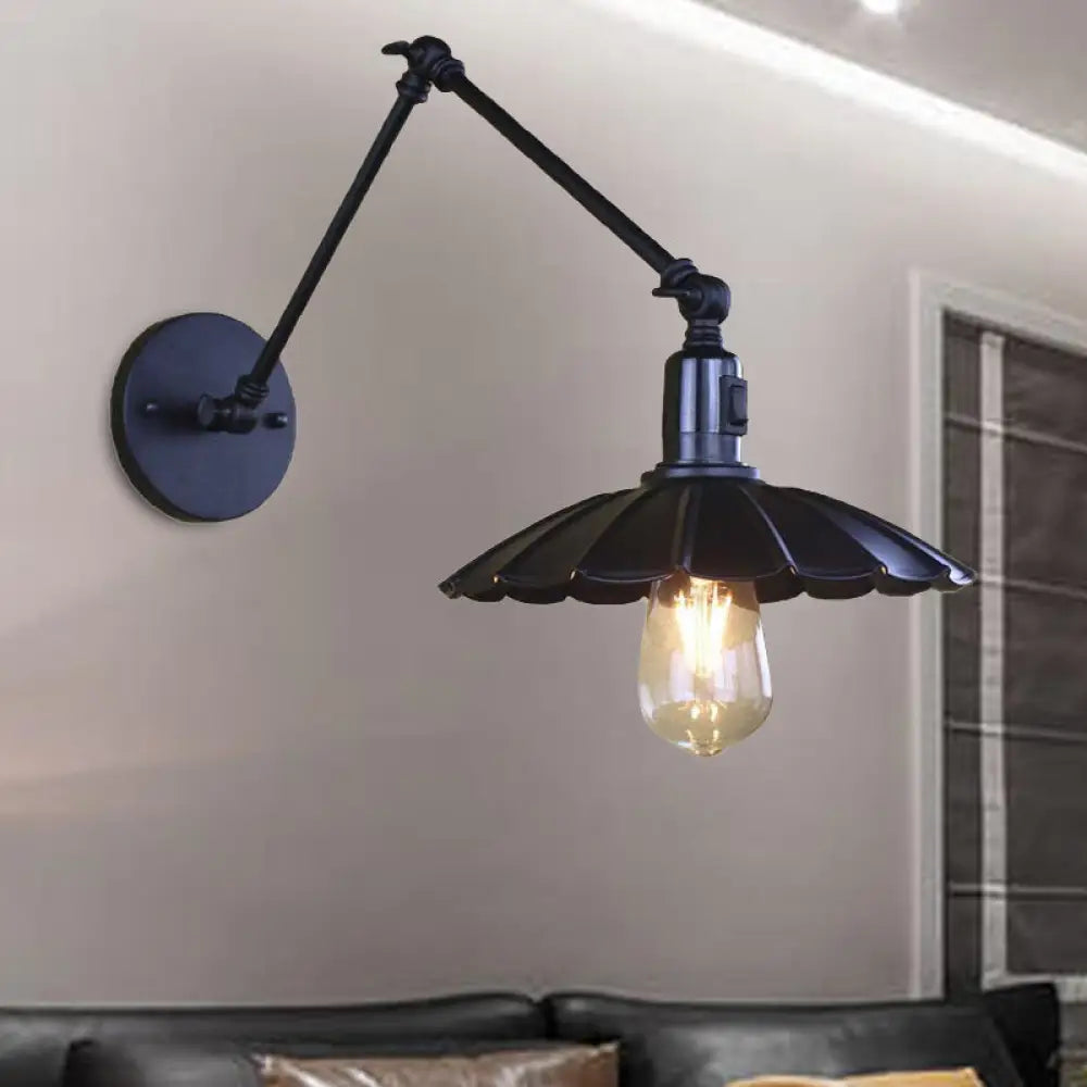 Vintage Black/White Scalloped Wall Sconce With Swing Arm - Stylish Metal Design For Living Room