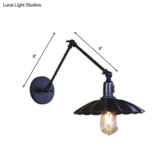 Vintage Black/White Scalloped Wall Sconce With Swing Arm - Stylish Metal Design For Living Room