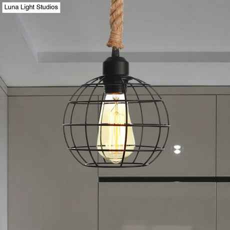Vintage Black Wire Cage Pendant Light With Rope Cord - Dining Room Hanging Lamp