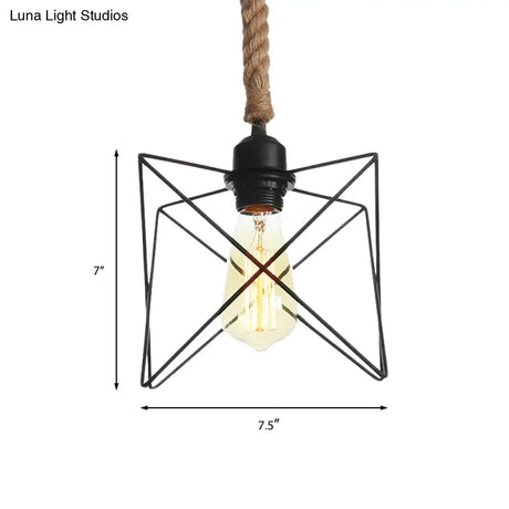 Vintage Black Wire Cage Pendant Light With Rope Cord - Dining Room Hanging Lamp