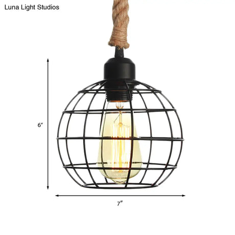 Vintage Black Wire Cage Pendant Light With Rope Cord - Dining Room Hanging Lamp