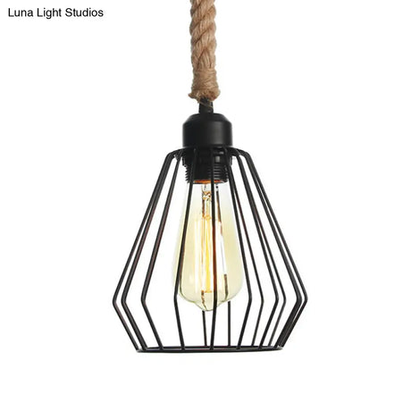 Vintage Black Wire Cage Pendant Light With Rope Cord - Dining Room Hanging Lamp