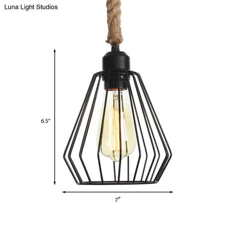 Vintage Black Wire Cage Pendant Light With Rope Cord - Dining Room Hanging Lamp