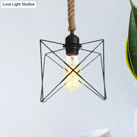 Vintage Black Wire Cage Pendant Light With Rope Cord - Dining Room Hanging Lamp