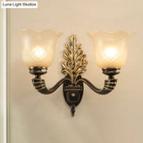 Vintage Blossom Carved Glass Wall Sconce In Black For Living Room - Half-Light Fixture With Curved