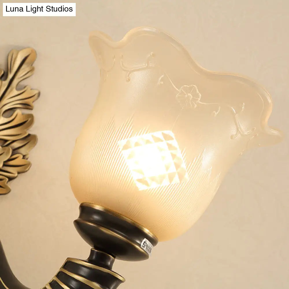 Vintage Blossom Carved Glass Wall Sconce In Black For Living Room - Half-Light Fixture With Curved