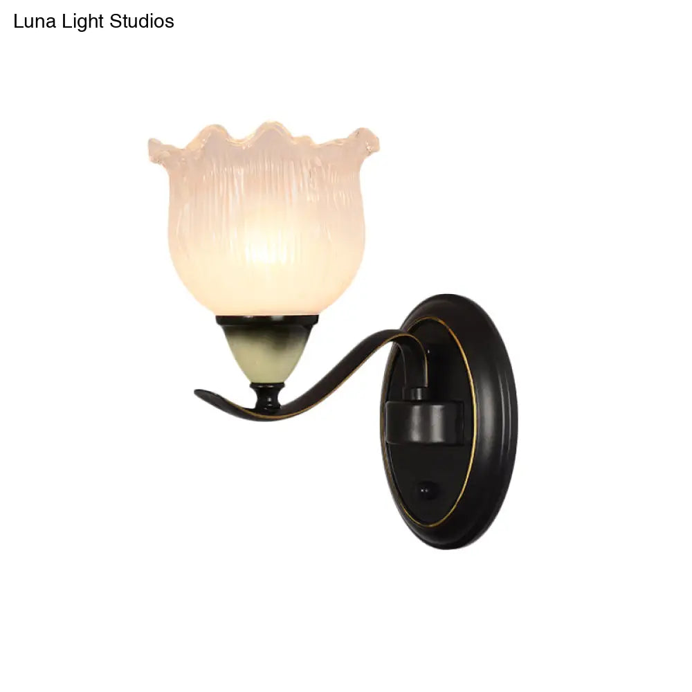 Vintage Blossom Sconce Lamp - Opal Ribbed Glass Wall Lighting In Black