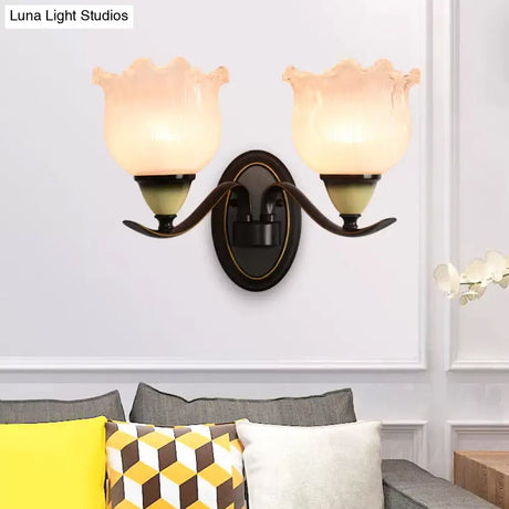 Vintage Blossom Sconce Lamp - Opal Ribbed Glass Wall Lighting In Black