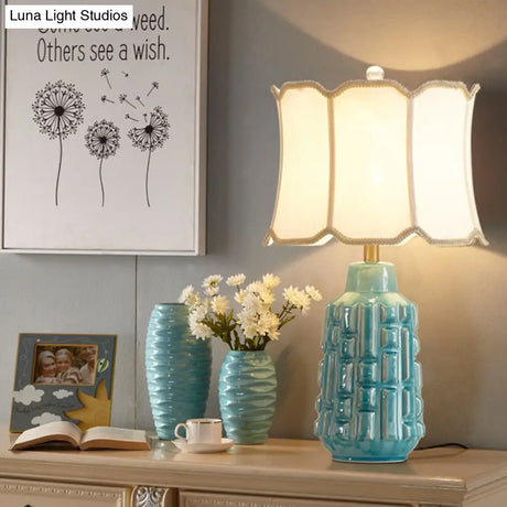 Vintage Blue Bell/Drum Table Lamp With Scalloped Fabric Shade - Ceramic Base For Parlor Nightstand
