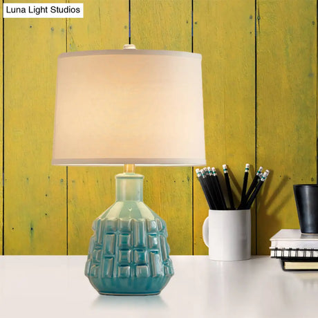 Vintage Blue Bell/Drum Table Lamp With Scalloped Fabric Shade - Ceramic Base For Parlor Nightstand