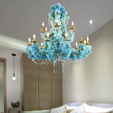 Vintage Blue Candelabra Led Chandelier Light With Crystal Accent - Metal 12 Lights Ideal For