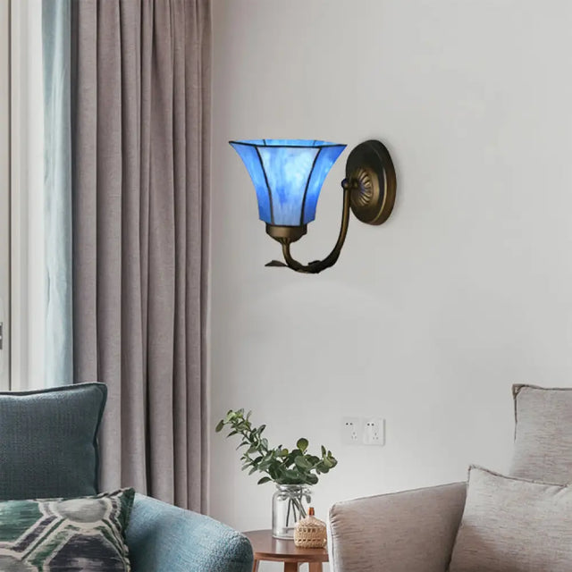 Vintage Blue Glass Bell Wall Sconce With 1 Gooseneck Light - Indoor Lighting / A