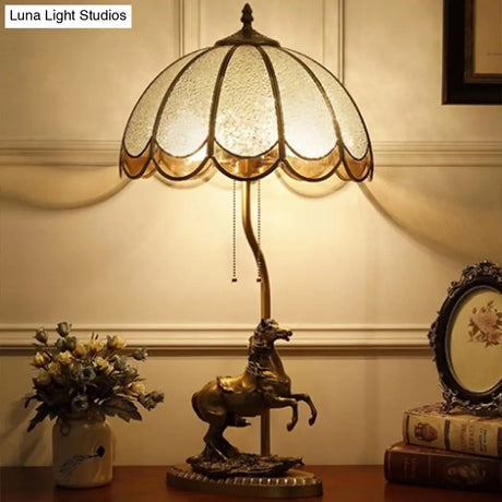 Vintage Brass 2-Light Table Lamp With Water Glass Scalloped Shade Pull Chain And Horse Deco
