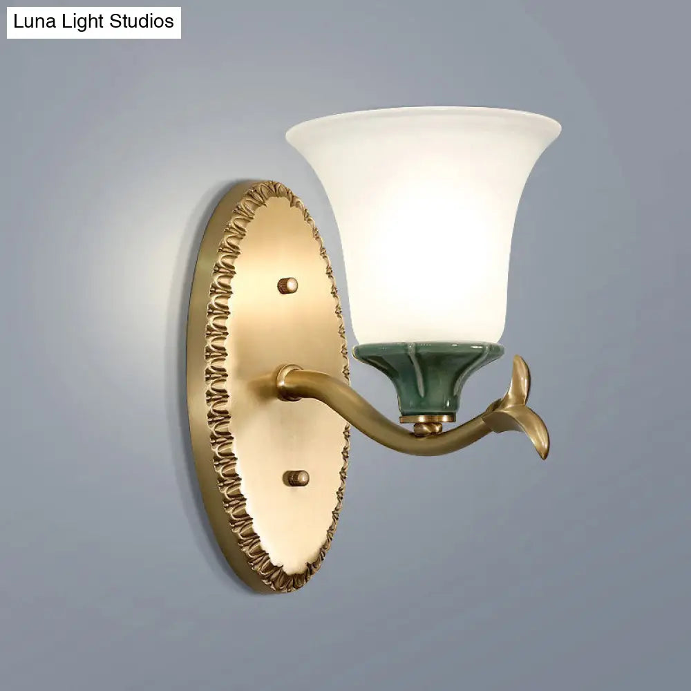 Vintage Brass Bell Sconce With Frosted Glass And Elliptical Backplate For Foyer Lighting