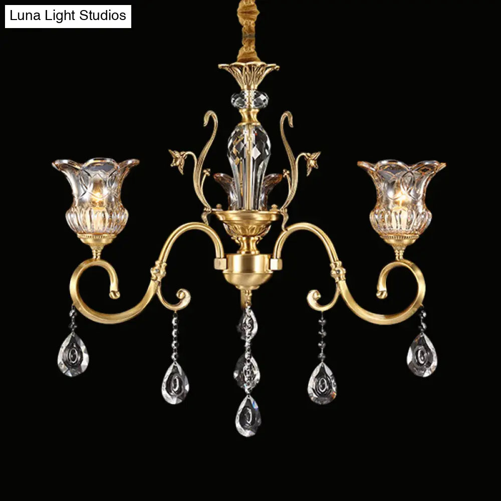 Vintage Brass Bellflower Hanging Chandelier With Clear Glass 3 Bulbs Scroll Arm And Crystal Drops