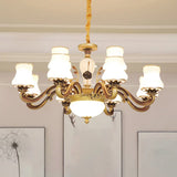 Vintage Brass Chandelier: White Glass Flared Design For Dining Room Lighting 12 /