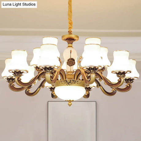 Vintage Brass Chandelier: White Glass Flared Design For Dining Room Lighting