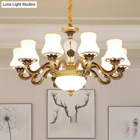 Vintage Brass Chandelier: White Glass Flared Design For Dining Room Lighting