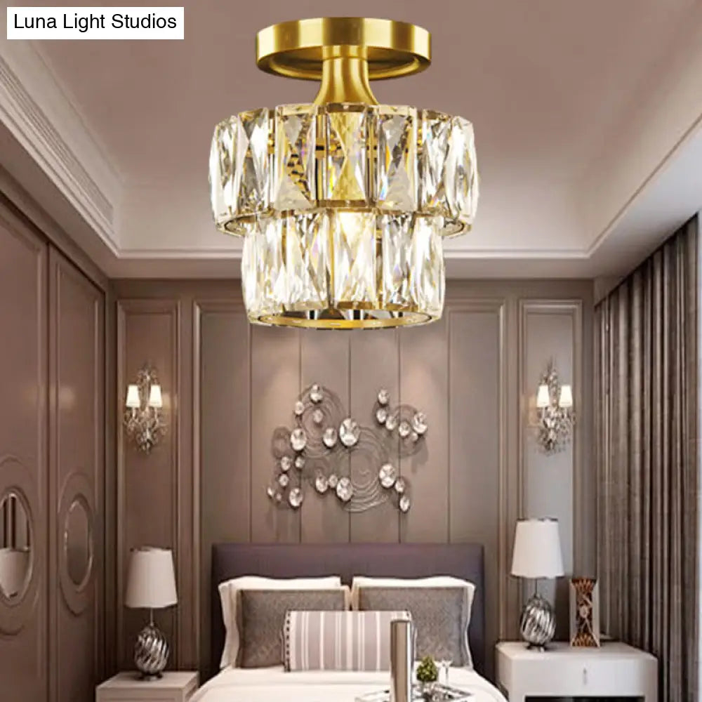 Vintage Brass/Clear Ceiling Mount Light With Crystal Accent - Perfect For Hallway