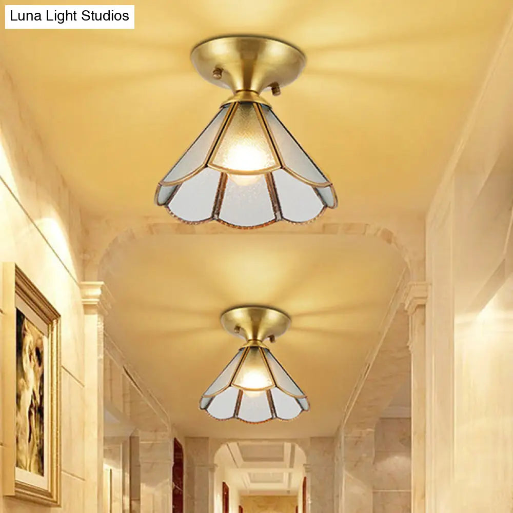 Vintage Brass Cone Semi Flush Mount Ceiling Light With Frosted White Glass Ideal For Corridors