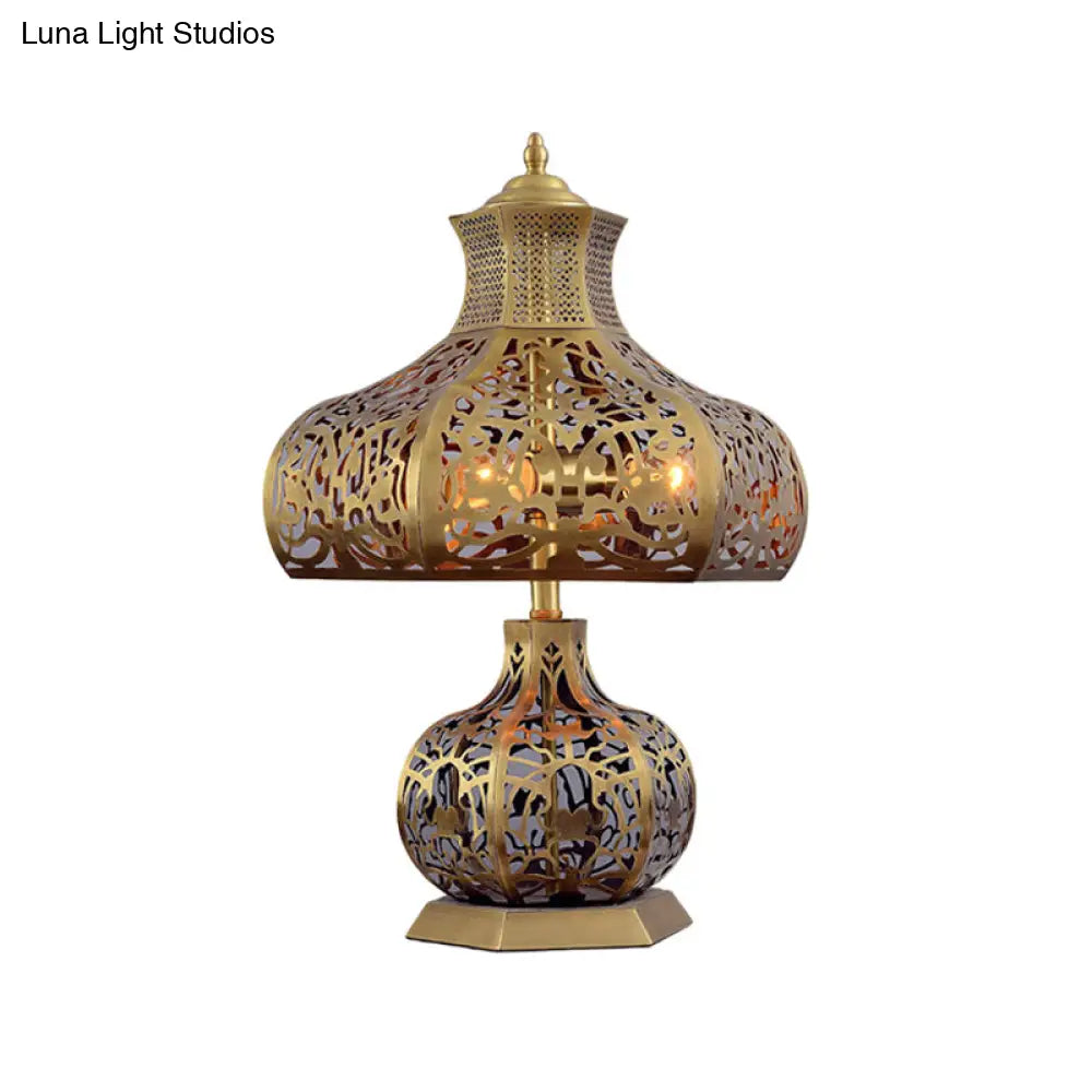 Vintage Brass Desk Lamp With Metal Crown Shade And Onion Shape Base