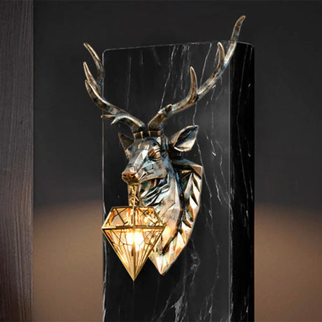 Vintage Brass Diamond Sconce Light With Resin Deer Decoration - Wall Lamp 16/18.5 Wide / 16