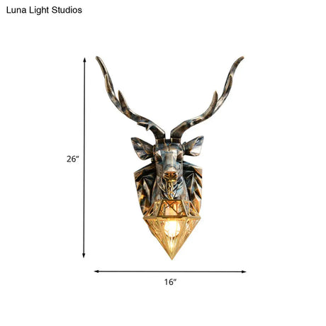 Vintage Brass Diamond Sconce Light With Resin Deer Decoration - Wall Lamp 16/18.5 Wide