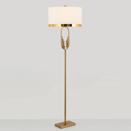 Vintage Brass Fabric Drum Floor Lamp - Single Bulb Standing Lighting For Living Room
