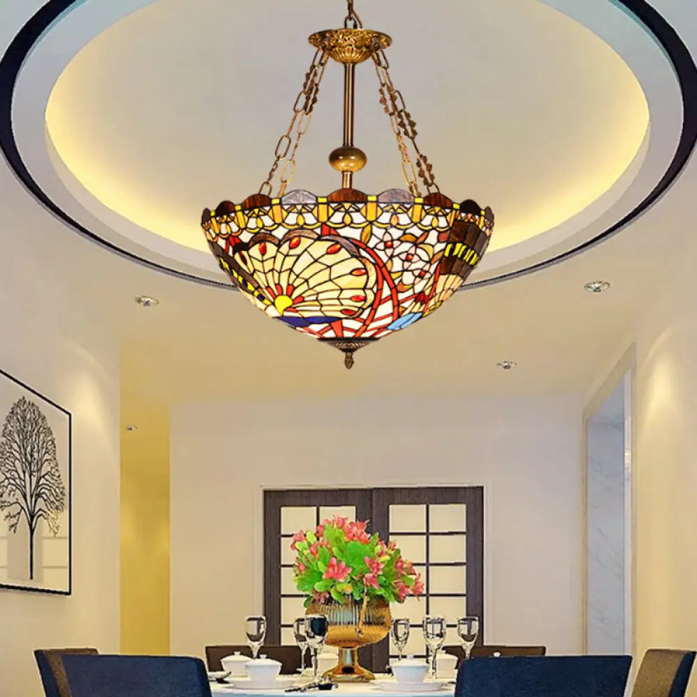 Vintage Brass Finish Stained Glass Peacock Pendant Light For Foyer: Tiffany Chandelier