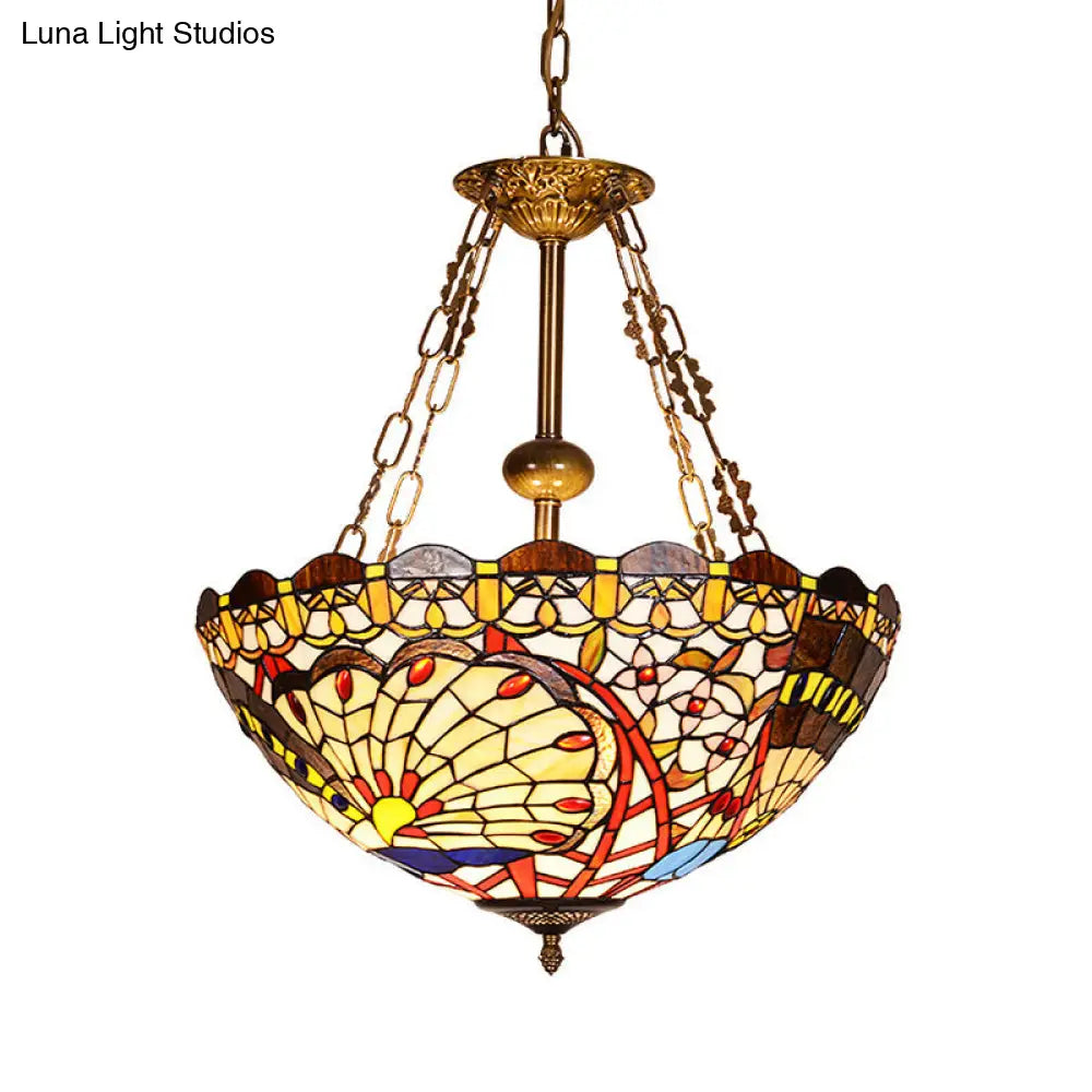 Vintage Brass Finish Stained Glass Peacock Pendant Light For Foyer: Tiffany Chandelier