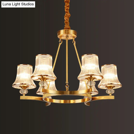 Vintage Brass Flared Chandelier With Clear Rib Glass - Living Room Pendant Light