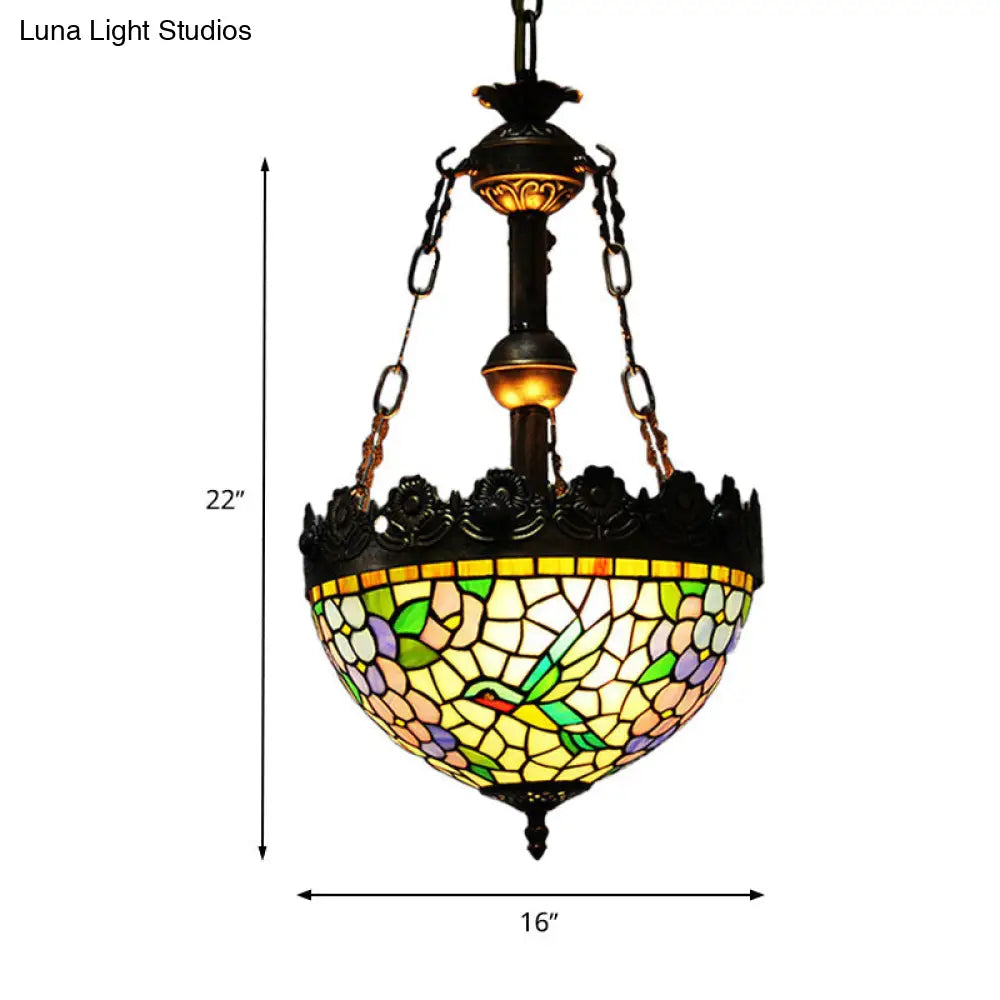 12/16 Antique Brass Floral Ceiling Chandelier Stained Glass Hanging Lamp Kit - Tiffany Style 3
