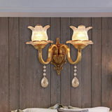 Vintage Brass Floral Sconce Light Fixture With Clear Prismatic Glass - Led Wall Mounted Lamp For