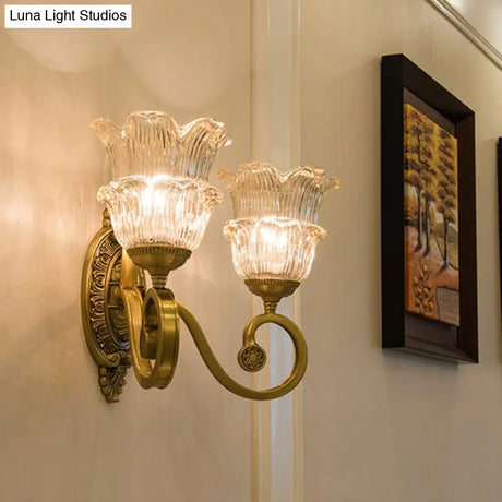 Vintage Brass Floral Sconce Light Fixture With Clear Prismatic Glass - Led Wall Mounted Lamp For