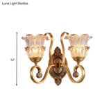 Vintage Brass Floral Sconce Light Fixture With Clear Prismatic Glass - Led Wall Mounted Lamp For