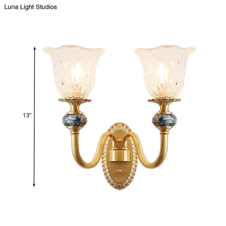 Vintage Brass Flower Bedroom Led Wall Sconce With Clear Glass - Mounted Lighting