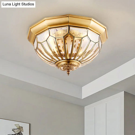Vintage Brass Flush Mount Light With Faceted Clear Glass Dome