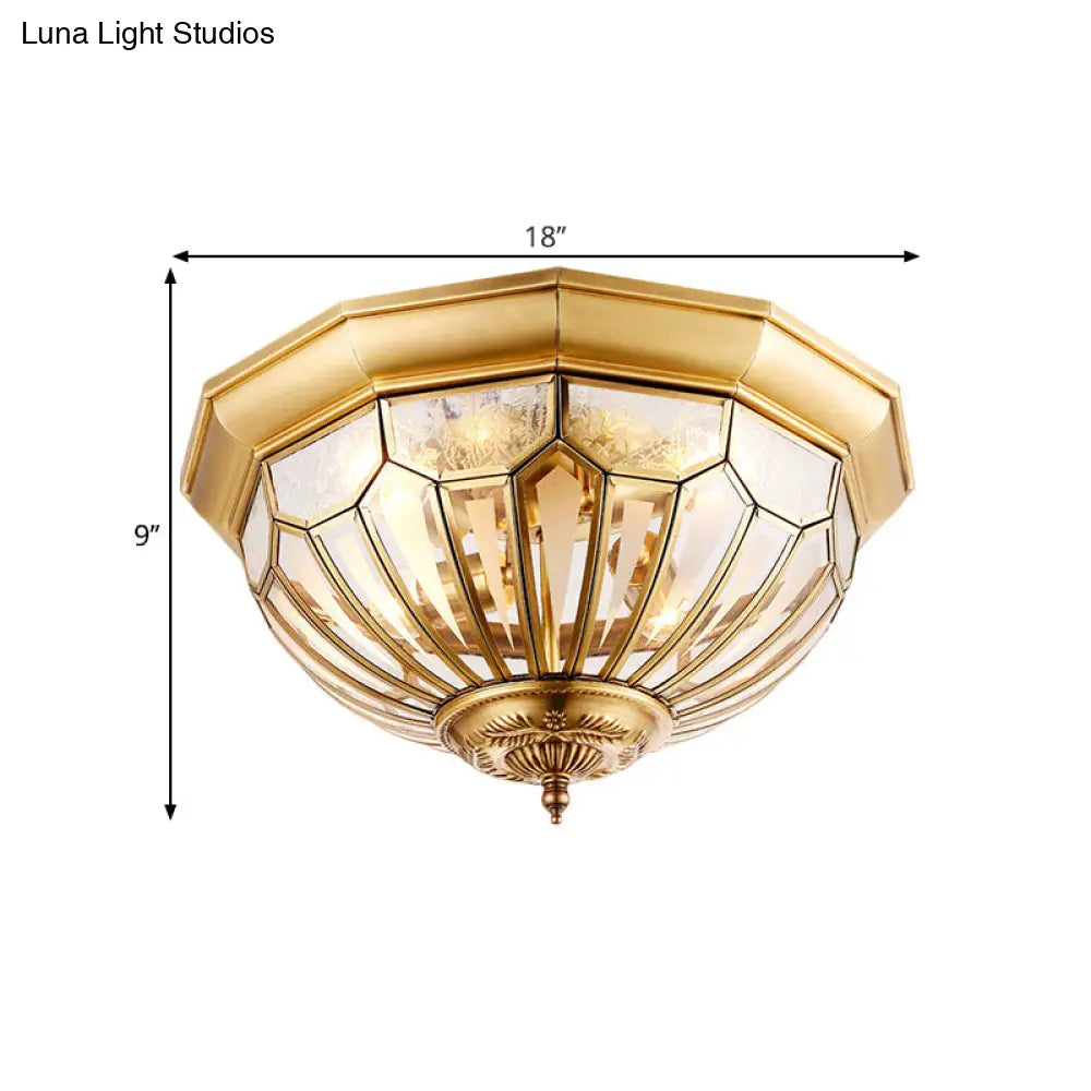 Vintage Brass Flush Mount Light With Faceted Clear Glass Dome