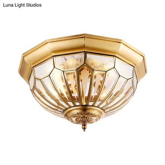 Vintage Brass Flush Mount Light With Faceted Clear Glass Dome